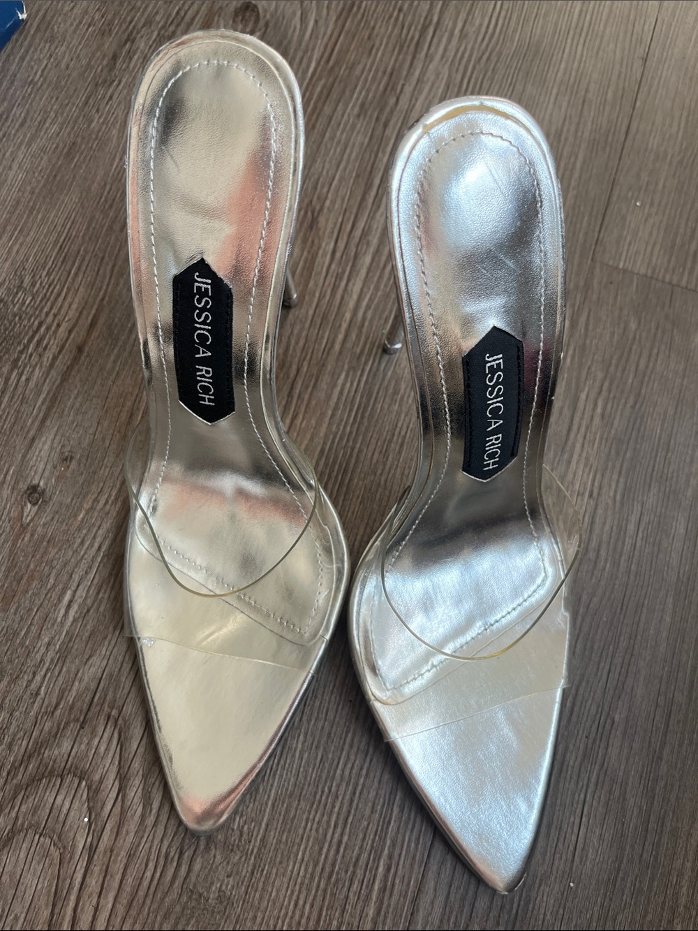 JESSICA RICH Silver Pointed Toe Clear Strap Heels